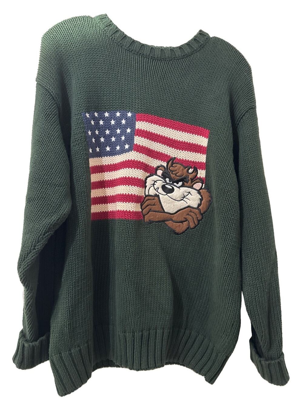 Vintage Warner Bros TAZ Sweater USA Flag Knit Size M Green 1995 Looney Tunes